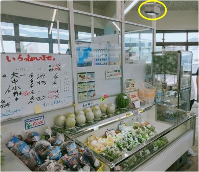 売り場にはパッションフルーツやアシタバなど地場産果物・野菜（黄色枠内・撮影用カメラ）
